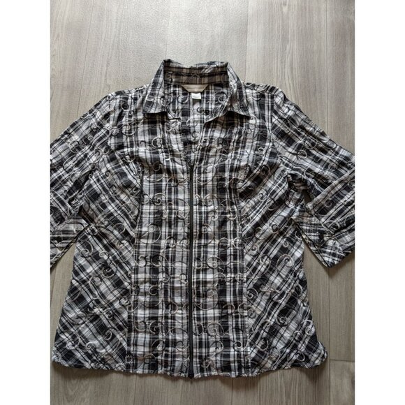 Christopher Banks Black & White Plaid Zip-Up Shirt  Embroidered Swirls Womens L - Picture 5 of 8